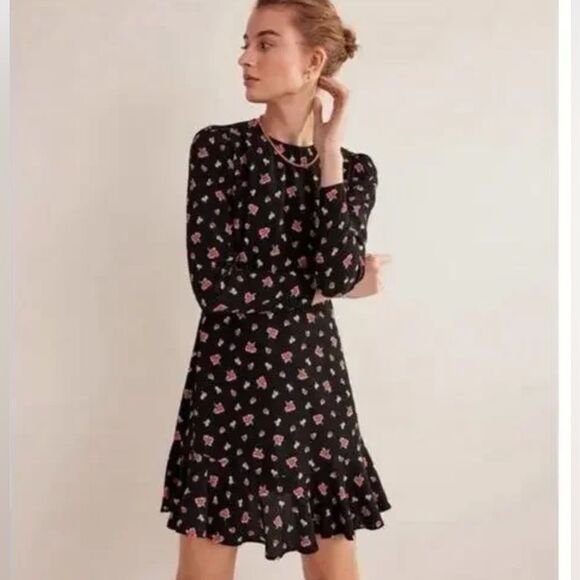 NWT BODEN Long Sleeve Flippy Mini Dress Black Floral Print - Picture 1 of 8